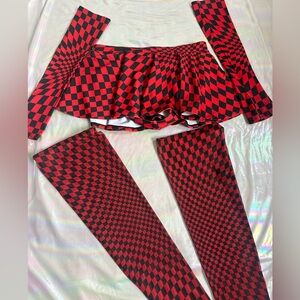 Badinka Red Checkered Mesh Skirt & Stockings Set Medium Top Not Included
